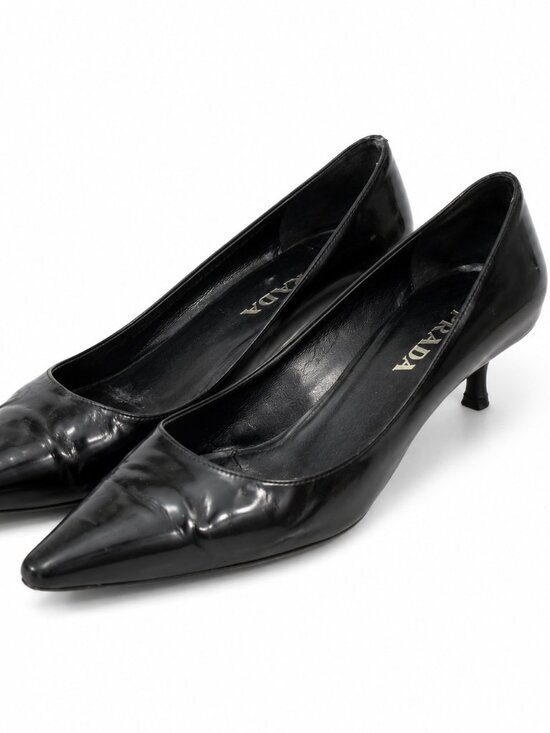 Prada Shoes - Prada Black Patent Leather Pointed Toe Kitten Heel Pumps Size 36 Italy